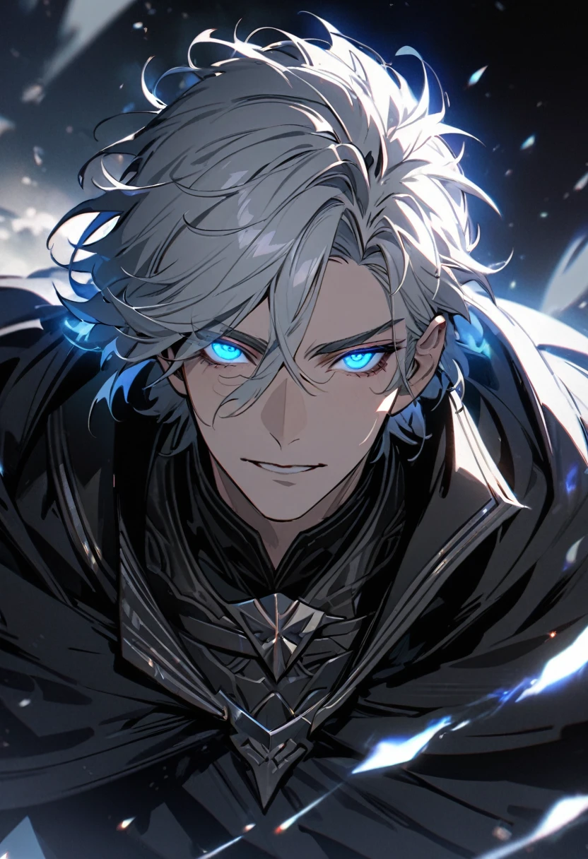 male, solo, handsome, silver hair, shadow, experienced, dark silver general cloak, blue eyes, beautiful eyes, glowing eyes, high detail, masterpiece, villain, middle-age, silver aura, holo, macro picture, mature, anti hero, parted bang, short hair, feather on shirt,
