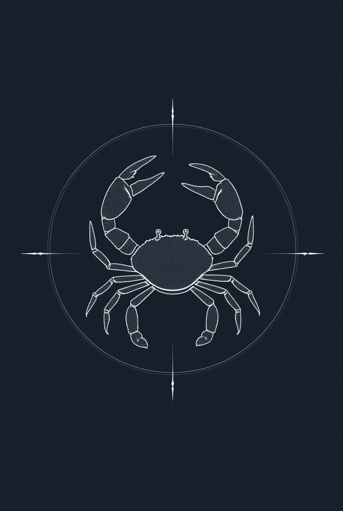 Although I can&#39;t generate images at this time, I can guide you to create a similar image with the silhouette of the Cancer crab using geometry:

1. **Geometric base**: As in the image of the scorpion, Start with basic geometric shapes like circles and squares to structure the overall design of the crab.

2. **Crab silhouette**: Draw the silhouette of the crab using curved and straight lines.. Use triangles and curved lines to form the tweezers, and straight lines for the legs.

3. **Details**: For the finer details like leg joints and antennae, use small straight and curved lines. You can add small circles to represent joints or joints..

4. **Contour effect**: Similar to the scorpion in the picture, Keep the design simple and in white lines on a dark background, with the main geometric lines forming the outline of the crab.

5. **Final Touches**: Add a geometric frame like a circle or square to unify the design and give it a technical or blueprint look..