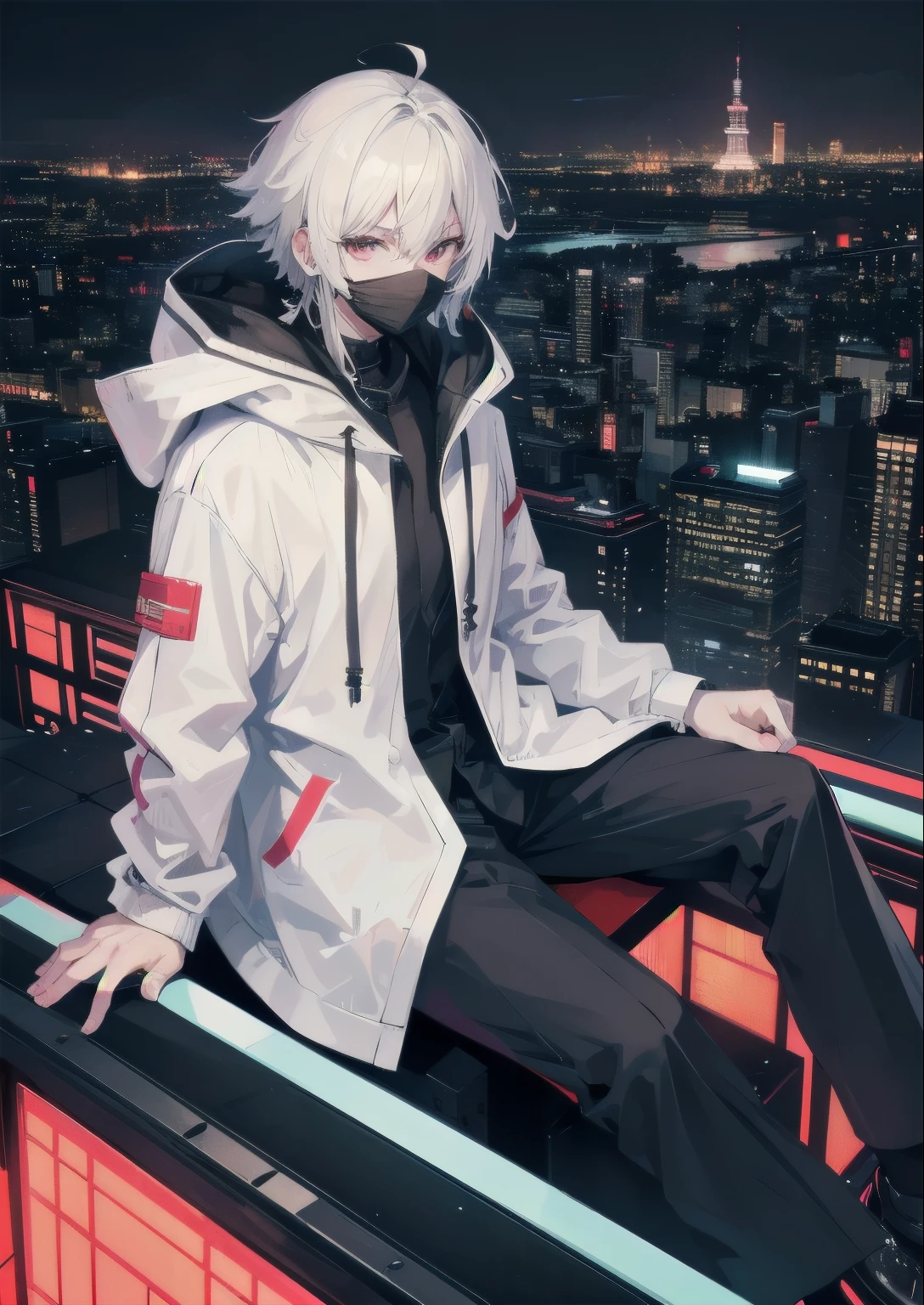 There was a man sitting on the windowsill，Wearing a mask, Tokyo night rooftop, cyberpunk，未来东京night的屋顶上, Standing on top of a skyscraper, Sitting in Tokyo, On the rooftop at Tokyo Cyberpunk Night, The roof of Tokyo, Standing on the roof of a skyscraper, sitting on a skyscraper rooftop，White hooded jacket，Black coat，black trousers，White socks，White shoes，Mystery，night，Night view，rain，prosperous city，of the night city，masterpiece，The best picture quality
