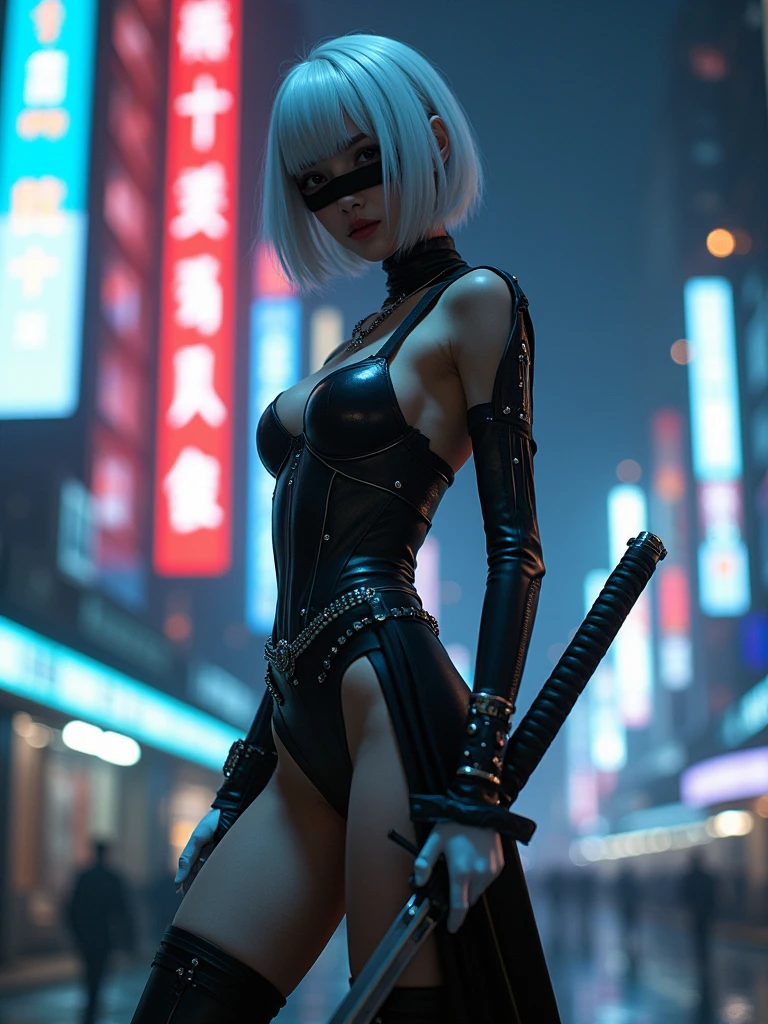 ((masterpiece, 8K, best quality, high resolution:1.3)), (a very attractive woman with a perfect body doing a cosplay of the character 2B:1.2), (she is wearing a black and white outfit with intricate details and a short skirt:1.2), (her outfit includes a black corset, white gloves, and thigh-high boots:1.2), (her hair is styled in a sleek, silver-white bob:1.2), (she is holding a katana with a confident and powerful stance:1.2), (her eyes are covered by a black blindfold:1.2), (the background features a futuristic, cyberpunk cityscape with neon lights and towering buildings:1.2), (the scene is set at night, with the city lights creating a vibrant and atmospheric backdrop:1.2), (her expression is serious and focused, capturing the essence of the character:1.2), (Canon EOS 5DS R camera, perfect for capturing the detail and beauty of the scene:1.2), (paired with the Canon EF 85mm f/1.4L IS USM lens:1.2), (the scene is illuminated with dramatic, moody lighting from the city lights:1.2), (the composition showcases the intricate details of her cosplay and the futuristic setting:1.2), (a moment frozen in time, capturing the essence of cosplay artistry and character embodiment:1.3), (ultra photorealistic, highlighting her features and the vibrant city backdrop:1.3), (an image that transports viewers to a captivating and immersive moment:1.2), (a scene that exemplifies the beauty of cosplay in a futuristic setting:1.2), ((((pert ass)))), Cinematic, Hyper-detailed, insane details, Beautifully color graded, Cinematic Lightning, Insanely detailed and intricate, Hyper maximalist, Volumetric, Full color, HDR, shallow depth of field, high budget Hollywood film, cinemascope, moody, epic, gorgeous