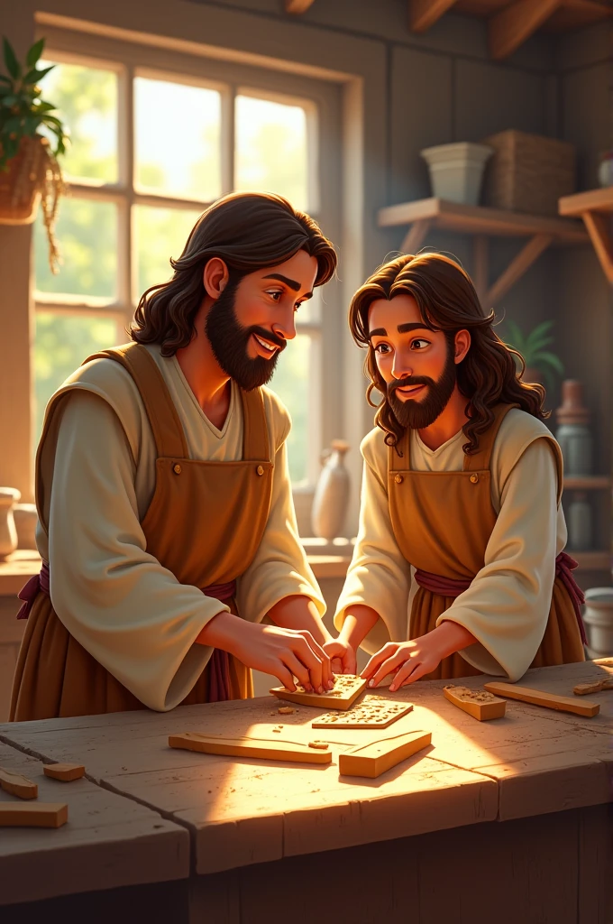 Jesus helping Joseph (your father) in the carpentry, (Jose is happy ) with Disney animation style