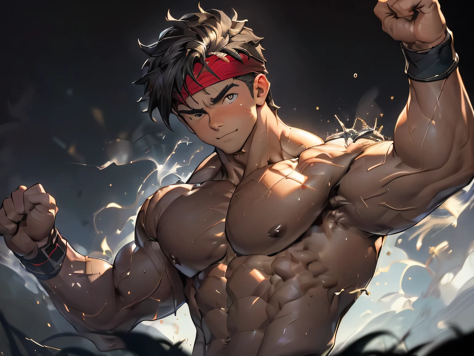 ((masterpiece, best quality)), (((((Black Background, Dark night, steam, (Depth of field:1.2), male focus, upper body, front shot:1.2))))), (19 year old boy, warm eyes, Young handsome guy, muscler, Shirtless, topless), ((((1boy, solo, tough, reliable, developed body, Perfect Body Beauty)))), (Dark Short straight hair, ((almost completely shaved hair)), under cut), (((red headband, black wristband))), Vivid colors, ((big breast:1.2, big shoulder:1.2, muscular body, sturdy body, defined round and fleshy pecs, defined round and fleshy ABS, defined round and fleshy armsmuscular:1.2, well-defined muscles, developed body, toned weist, shouldermuscler:1.2)), muscler!, muscler body, detailed face, detailed muscle, (((rippling muscles, athretic body, (dynamic pose:1.3))))