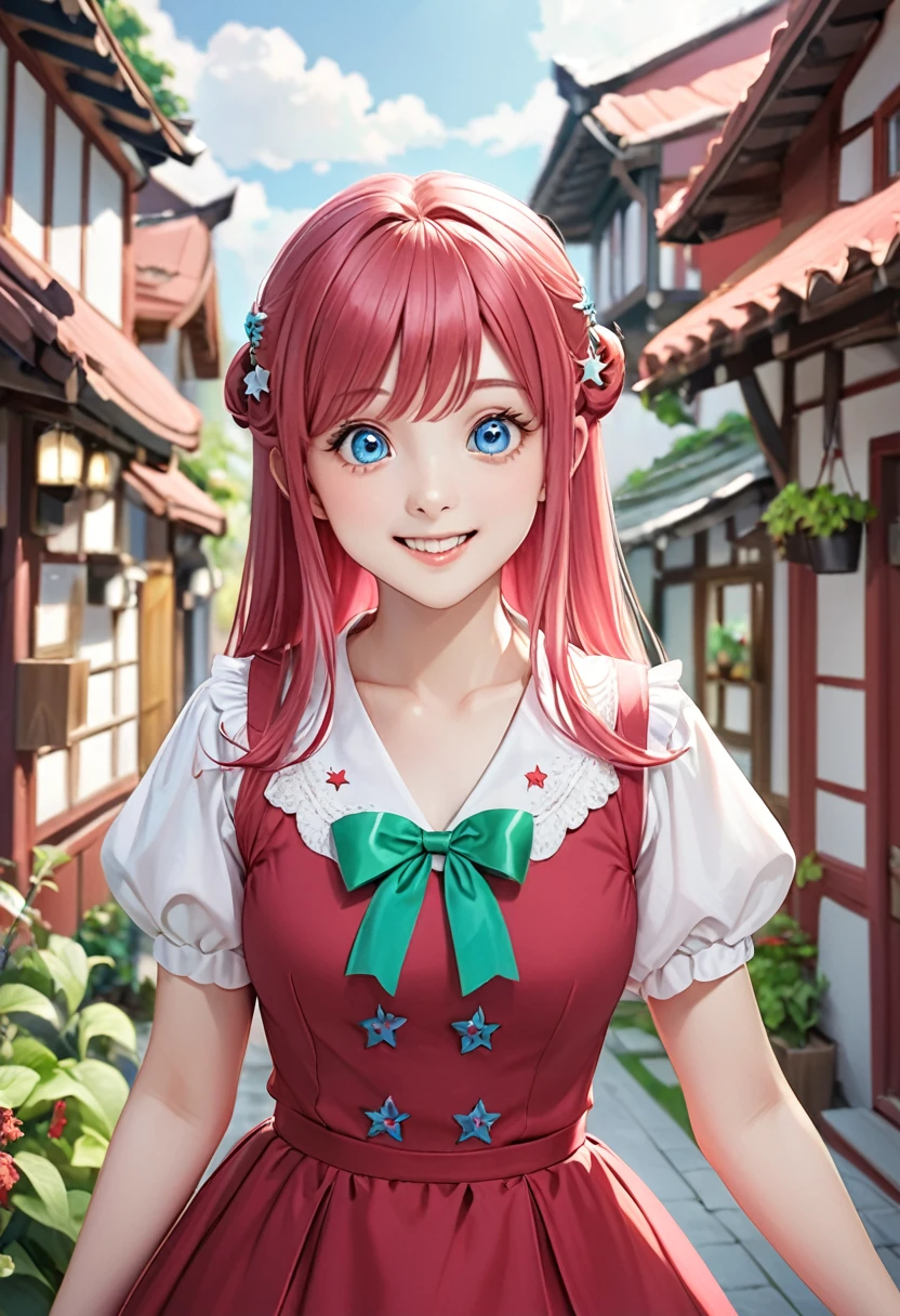 A woman with medium-long, reddish-pink hair。Blue eyes、have big eyes。Her outfit is a white blouse and a red vest.、short green skirt。She is wearing two star-shaped hairpins。The face is smiling。Style『The Quintessential Quintuplets』A realistic art style similar to