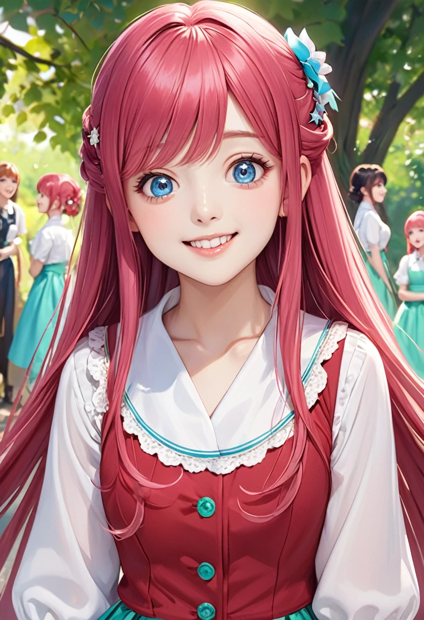 A woman with medium-long, reddish-pink hair。Blue eyes、have big eyes。Her outfit is a white blouse and a red vest.、short green skirt。She is wearing two star-shaped hairpins。The face is smiling。Style『The Quintessential Quintuplets』A realistic art style similar to