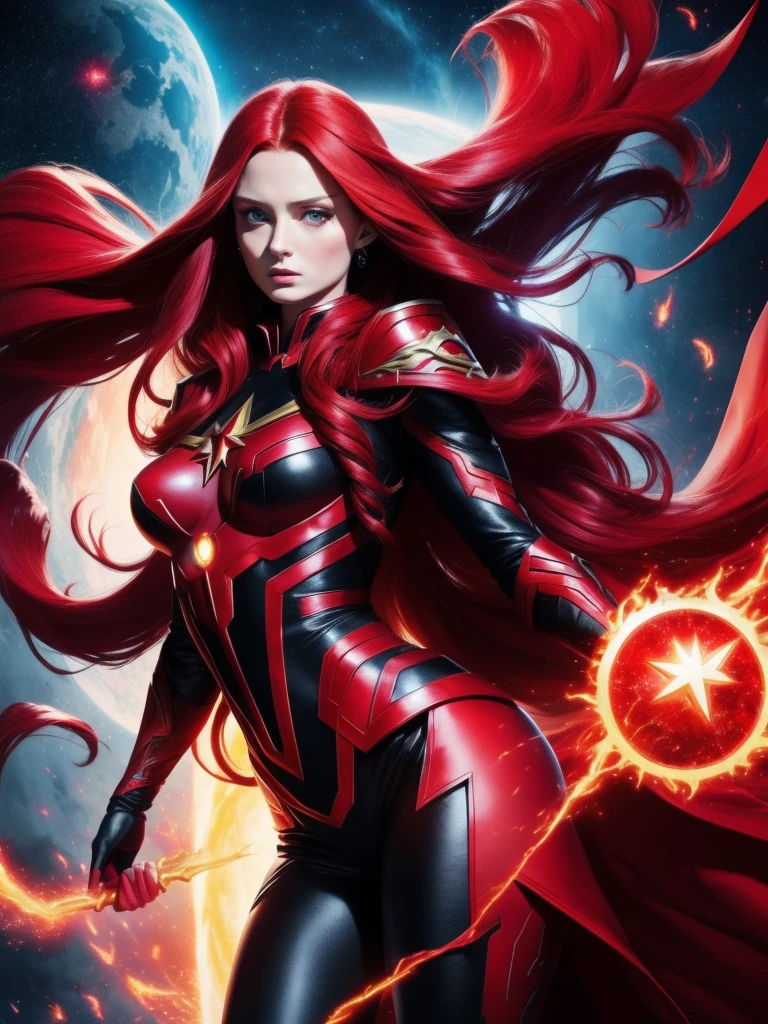 Scarlet Witch and Jean Gray Black Phoenix Fusion, y Body Long Red Hair, Full Body, Power of Creation and Destruction, Flying, White Costume with Red, Phoenix Symbol in the Middle, Red Crown, Flaming Eyes, Cosmic Entity, Powerful, Beautiful Face , Destroyed planets in the background,  SOPHIE TURNER