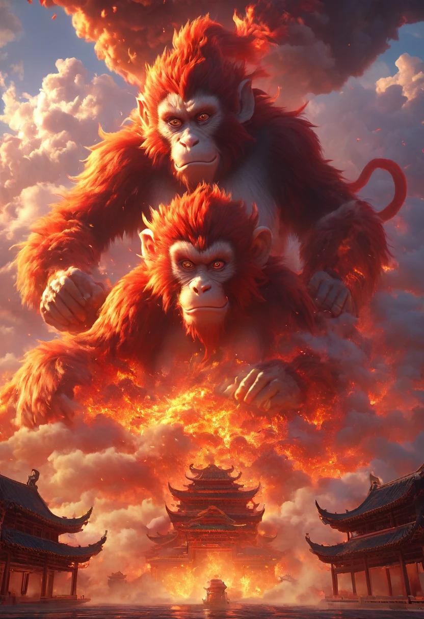 Dans un monde imaginaire, l'architecture traditionnelle chinoise, the fire monkey, the clouds, the sun, the sky, the mountains, la foudre (high quality, 4K, high resolution, masterpiece : 1.2), extremely detailed (reality : 1.37), couleurs vives, effets de brume, living light.
