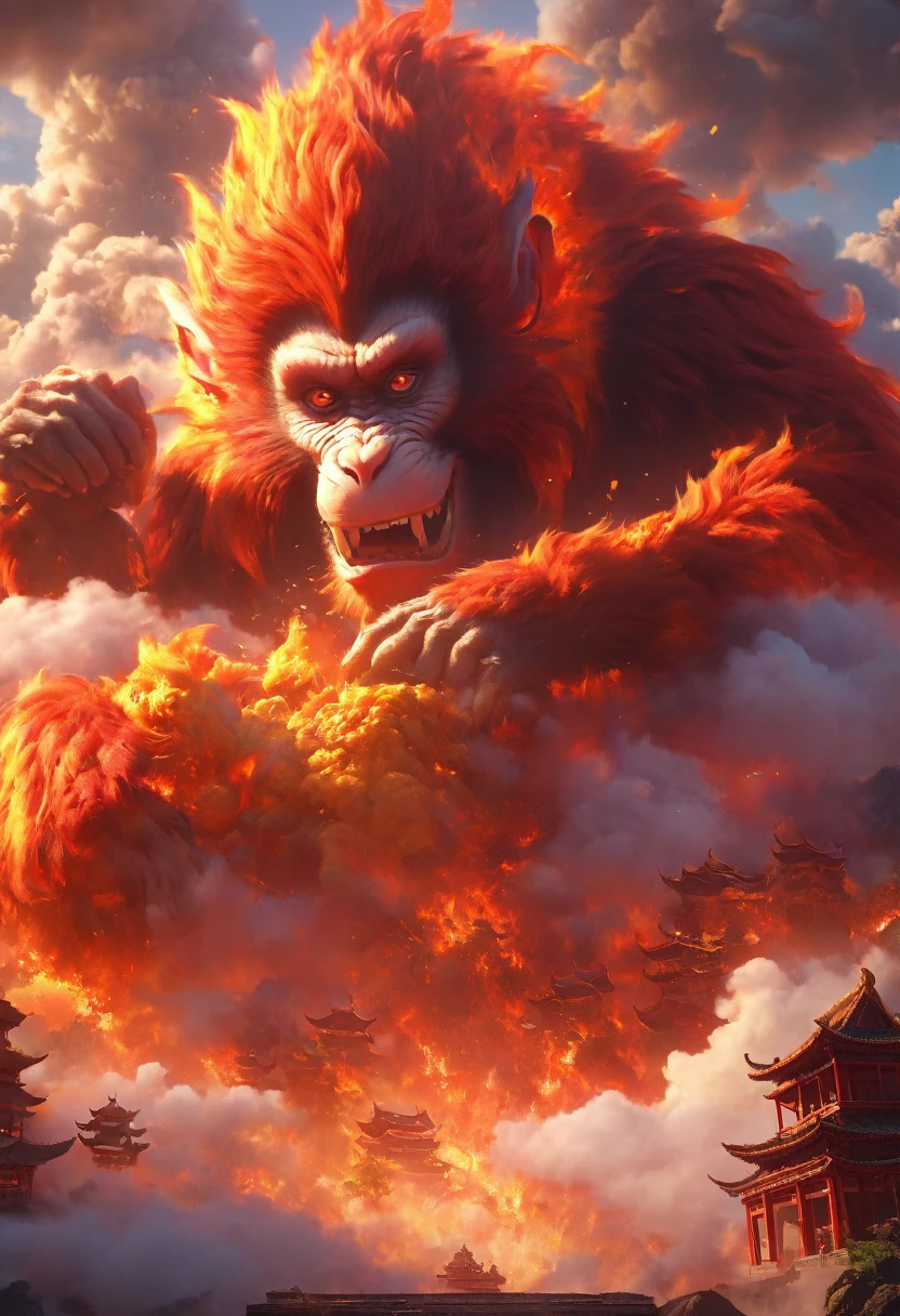 Dans un monde imaginaire, l'architecture traditionnelle chinoise, the fire monkey, the clouds, the sun, the sky, the mountains, la foudre (high quality, 4K, high resolution, masterpiece : 1.2), extremely detailed (reality : 1.37), couleurs vives, effets de brume, living light.