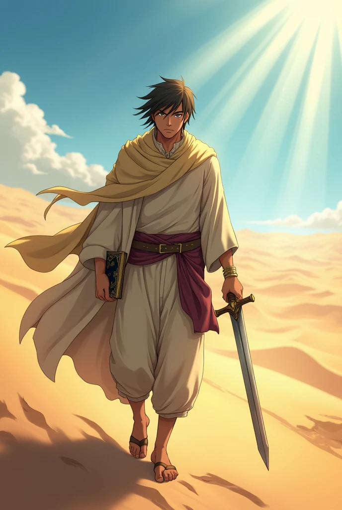 Aqui está o prompt revisado:

**Prompt para Imagem de Anime:**

"Create an anime-style character of a strong, resolute man walking through a vast, barren desert. In one hand, he holds a Bible, its cover old and weathered but glowing with a faint divine light. In the other hand, he carries a sword, the blade gleaming and reflecting the harsh sunlight. The character's appearance is heroic, with wind-swept hair and determined eyes. His clothing is simple yet rugged, suited for the harsh desert environment. The background shows endless dunes under a bright, clear sky with a few clouds, and rays of light shining down, symbolizing divine guidance. The overall atmosphere should be one of spiritual strength, perseverance, and faith, captured in an anime aesthetic."