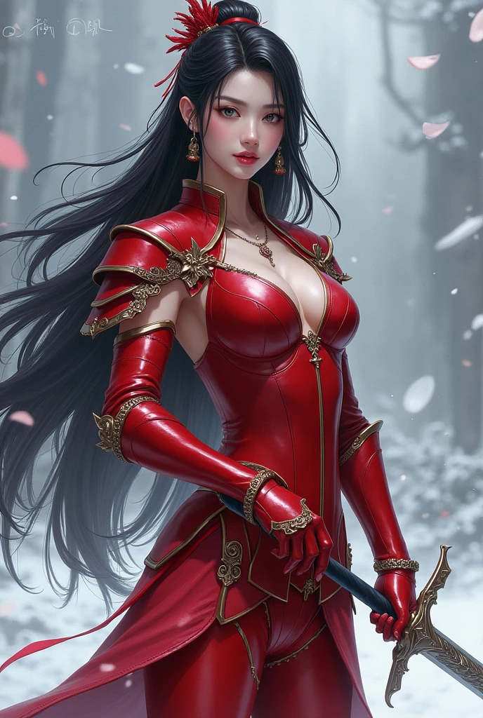 Oriental Beauty，Sailor Beauty，Royal sister style，Pampering beauty，Red tight leather armor，Tall，Holding an ice sword，Long hair，Realistic style