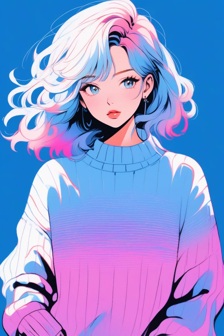 Illustrator, anime , Realistic ,sketch , One girl, ,lip, sweater,order, Blue gradient background, Neon Hair,textured crop, Canadian, (masterpiece,Highest quality)