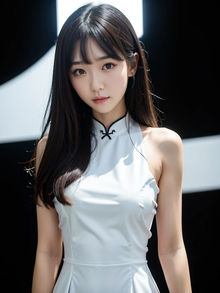 White Room、A black maxi-length cheongsam with a pattern and slits、(Highest quality)、((Very detailed))、4K、(8k)、masterpiece、Very detailedな、Highest quality、Super Resolution、1 person、Kind Face、Soft Light、RAW quality、Soft Skin、163cm、28 years old、Show off your thighs、Textured skin