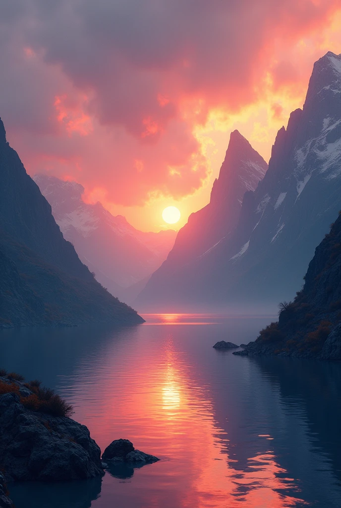 Stunning views of the surroundings, showing mountains and the sunset reflected in the water.