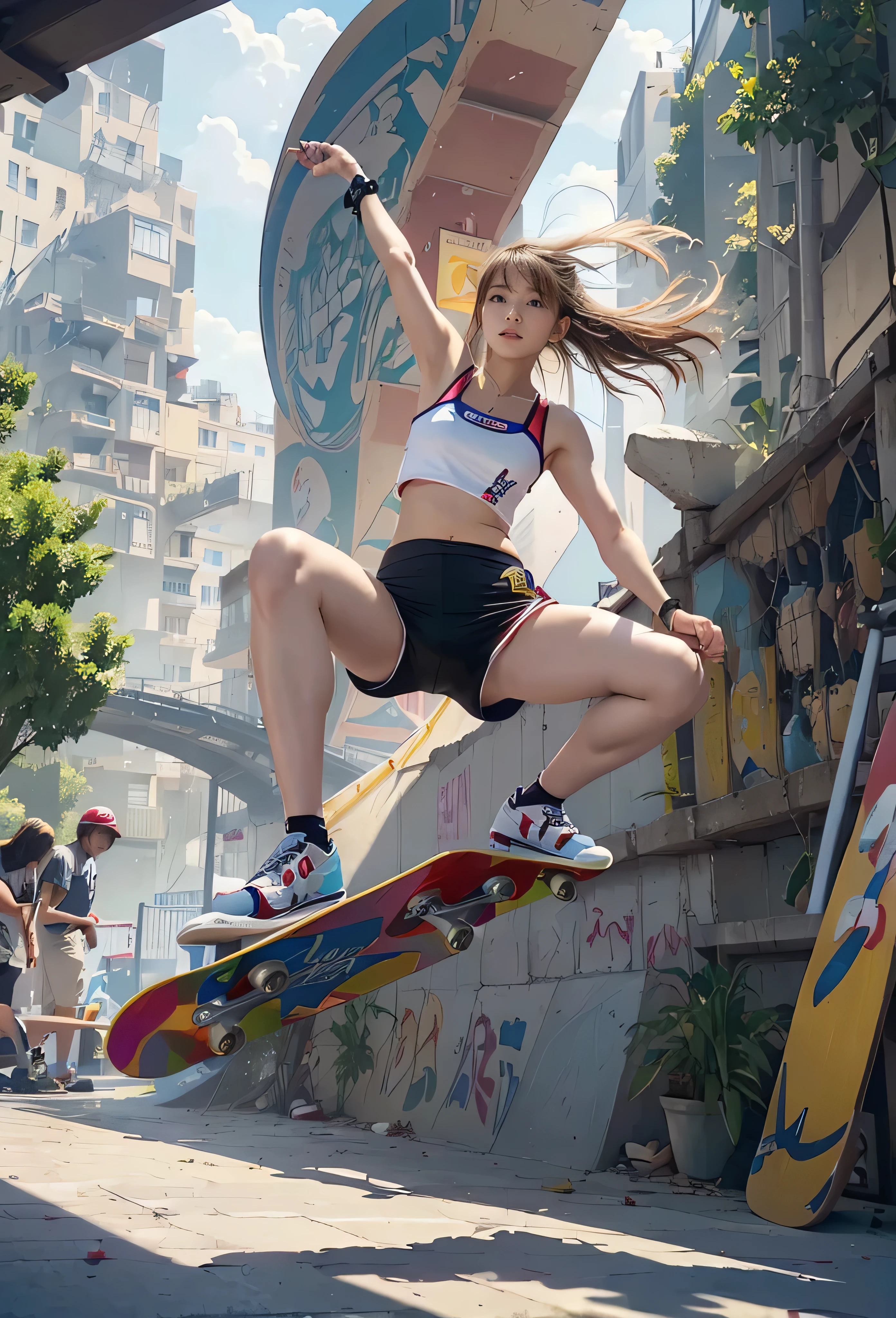 (masterpiece, Highest quality:1.2), 8k, Young and beautiful girl, 85mm,Official AR RAW Photos, 、Big Breasts、(Short cute girl,Little yod delicate girl), Award-winning works, unrealistic, Final Fantasy, Royal Jewel,Photorealistic by Midjourney and Greg Rutkowski, , elegant, Very detailed, Delicate depiction of hair, Miniature Painting, Digital Painting, Art Station, Concept Art, Smooth, Sharp focus, , nature, Clear Shadows, , 22-year-old woman, , height: 170cm, big, Hard, Swaying bust, city, skateboard, Women's Skateboarder, Olympic skater, Street Competition, Olympic, , flashy skateboarder clothing, Complex structure, Skateboarding, Snowboarding down a railing, slide, erotic, Sexy woman, Healthy body shape,,