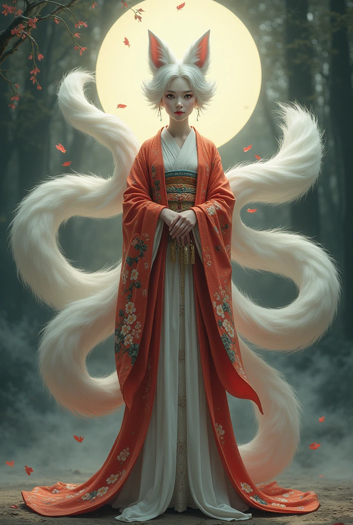 Japanese Yokai、Tamamonomae、nine tailed fox、A beautiful woman、Wearing traditional Japanese kimono、