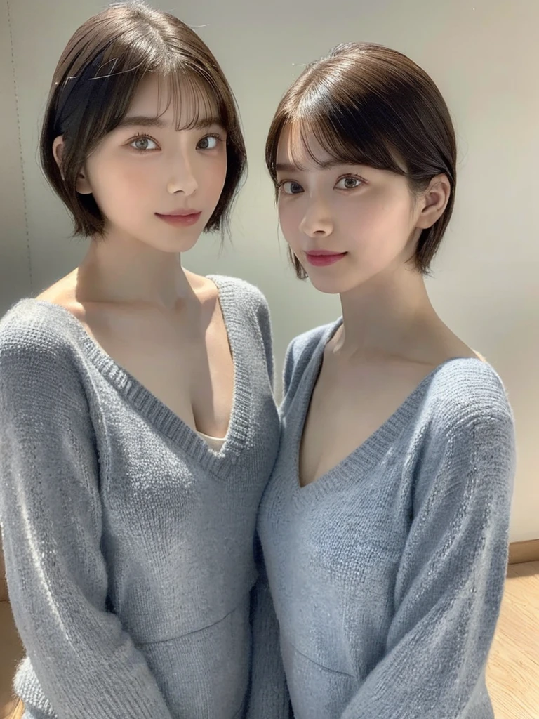(masterpiece:1.3), (8k, Photoreal, Raw photo, best image quality: 1.4), Japanese high school girl、(random hairstyle:1.2)、cleavage:1.5、super detail face、eye for details、double eyelid、chest to chest、sharp focus:1.2、Beautiful woman:1.4、light brown hair、highest quality、masterpiece、超A high resolution、(Photoreal:1.4)、Highly detailed and professionally lit smiles、loose and light knitwear、shoulder out、thin、serious expression、short haired、deadly position
similar identical twins
All the girls have the exact same face, The two have the same face and figure, as if they were mirror images.