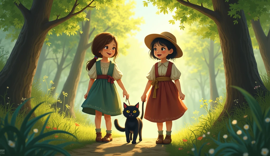A beautiful 17 year old peasant girl named Nikki together with her younger 9 year old sister named Ruby walks in the forest with a black domestic cat named Fanya Nikki's height is 164-167 cm.
Ruby's height is 115-120 cm.