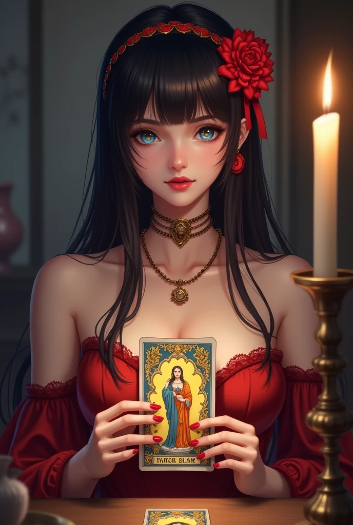 ((playing card game)), beautiful girl is holding down a tarot card in front of a candle, 1girl, solo, flower, card, blue eyes, black hair, long hair, hair flower, hair ornament, breasts, red hairband, red nails, jewelry, blurry, bare shoulders, hairband, choker, necklace, nail polish, looking at viewer, bangs, lips, collarbone, indoors, dress, depth of field, cleavage