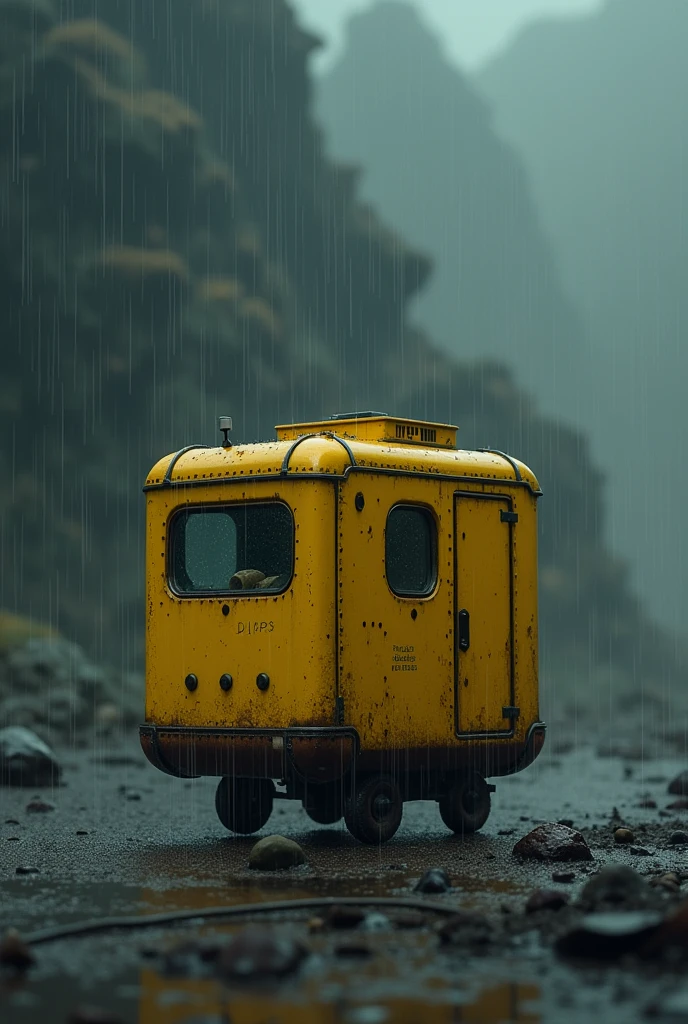 A small yellow spaceship landed on a planet,The size of a bus,Small box-shaped spaceship,The small spaceship gets soaked in the downpour,It's dark all around,The surface of the spacecraft is riveted,There is writing on it,The windows are small and round.,Landing gear,