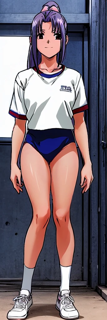 Momoko Koigakubo, a tall girl with beautiful legs, is standing with a smile on her face in a white gym uniform and light navy blue bloomers that look like panties.。Momoko Koigakubo is holding a girl in gym clothes。