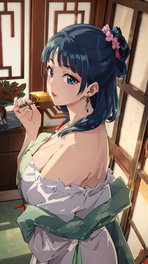 (((Highest quality、Ultra-high resolution、masterpiece: 1.2))), Highly detailed anime art style, Style, (Off the shoulder,Earrings, sexy、The lavish interior of the Tang Dynasty harem), Detailed green hair, Detailed blue eyes, Symmetrical Eyes、Big complicated hairstyle, Long Hair,Sparkling eyes,like々Shii,hair accessory, チャイニーズEarrings着用, She has a hairpin on her head、Holding a kissel in his right hand, Slightly blunt bangs, Detailed lighting, Bright colors, Looking at the audience, Shot from 45 degrees above、Look forward、Stand in the center of the image、Cowboy Shot,Cat、Curvaceous、Very big boobs、Big Ass、High-end kimono、Traditional Tang Dynasty Kimono、Deep red lipstick、Courtesan-style costume、