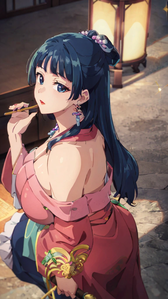 (((Highest quality、Ultra-high resolution、masterpiece: 1.2))), Highly detailed anime art style, Style, (Off the shoulder,Earrings, sexy、The lavish interior of the Tang Dynasty harem), Detailed green hair, Detailed blue eyes, Symmetrical Eyes、Big complicated hairstyle, Long Hair,Sparkling eyes,like々Shii,hair accessory, チャイニーズEarrings着用, She has a hairpin on her head、Holding a kissel in his right hand, Slightly blunt bangs, Detailed lighting, Bright colors, Looking at the audience, Shot from 45 degrees above、Look forward、Stand in the center of the image、Cowboy Shot,Cat、Curvaceous、Very big boobs、Big Ass、High-end kimono、Traditional Tang Dynasty Kimono、Deep red lipstick、Courtesan-style costume、