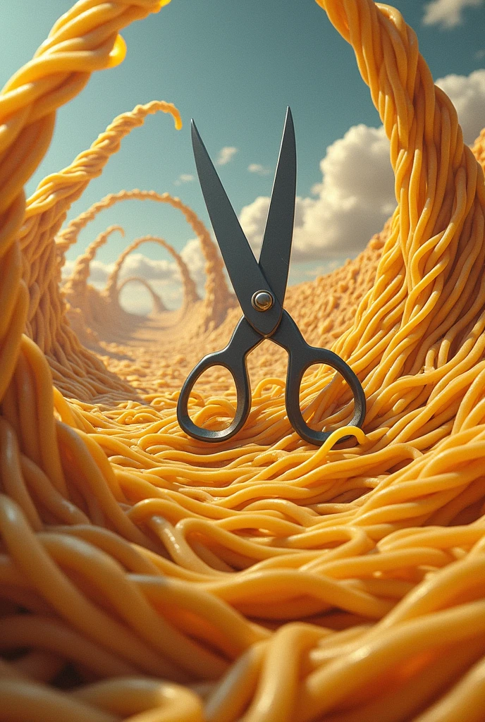Imagine A never-ending strand of spaghetti that loops infinitely around the scene, with some of it being cut by an oversized pair of scissors.