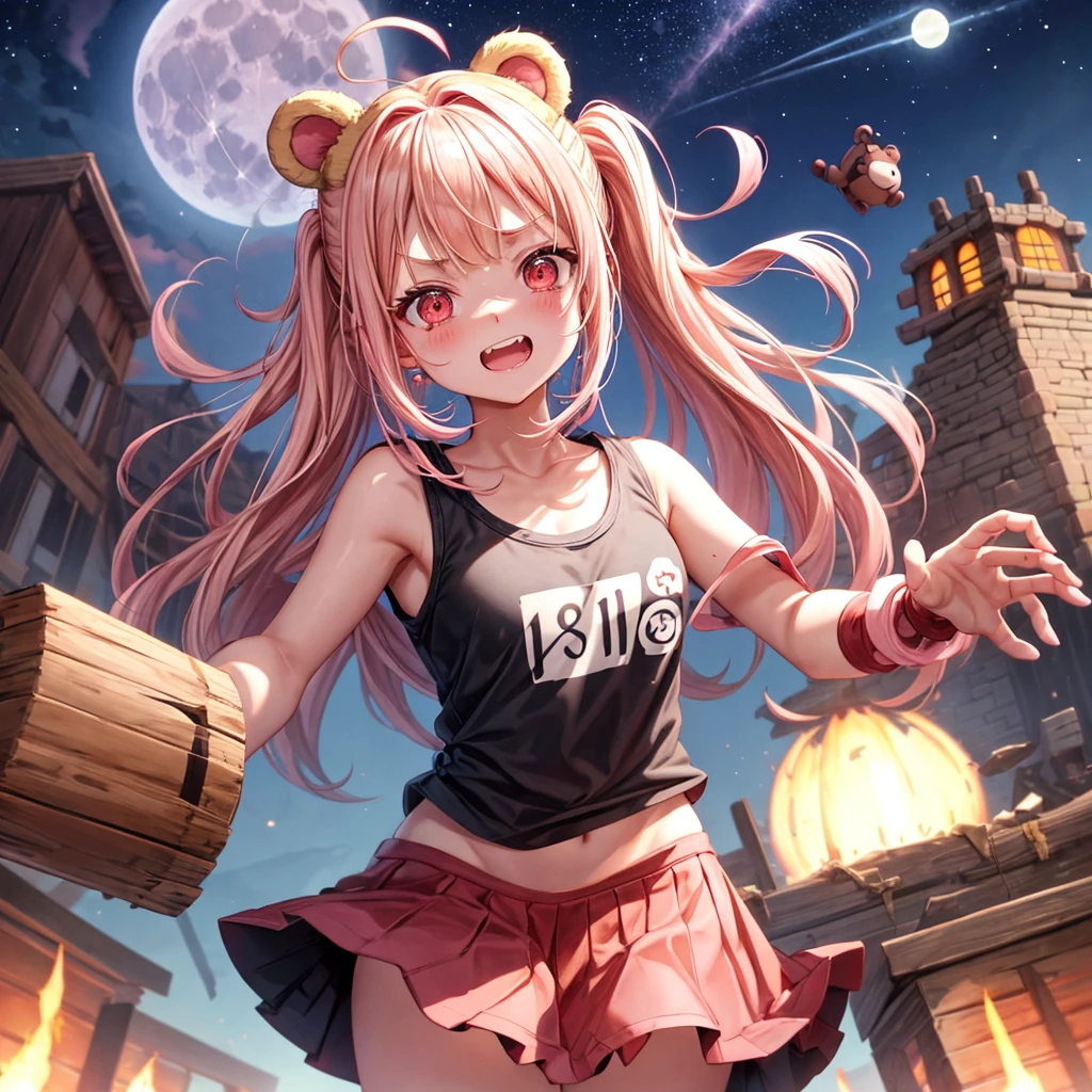 Pink Blonde、Red eyes、Hair tied up、One cute girl、solo、And soul、Checked mini skirt、black t-shirts、one piece、bear ears baseball cap、large tree、Thundercloud、Burning Full Moon、desert、Iron ore piles up、Teeth are visible、Fortress City、Tilting face、Starry Sky、firework、A teddy bear is jumping