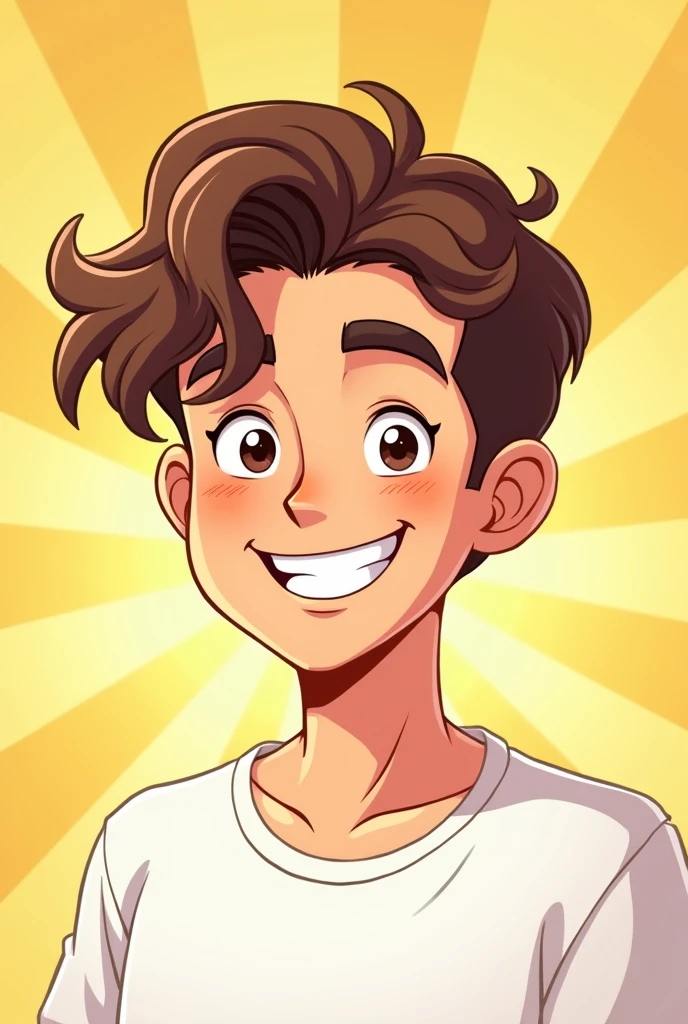 An comic guy with wavy brown hairs sunshine type style he wears white shirt his hairs are mid he is smiling he have adams apple
