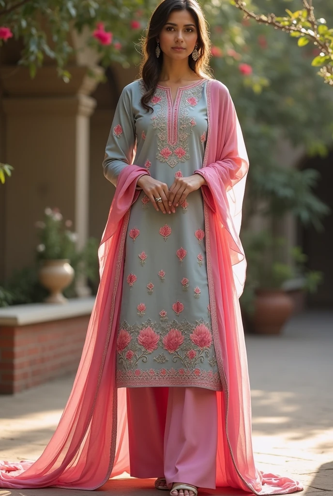 Suit gray colour with pink nargisi flower design 
Pink salwar and pink designer dupatta on sholder
