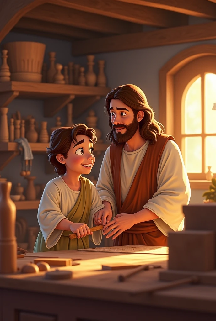 Young Jesus helping Joseph (your father) in the carpentry, (Jose is happy ) with Disney animation style