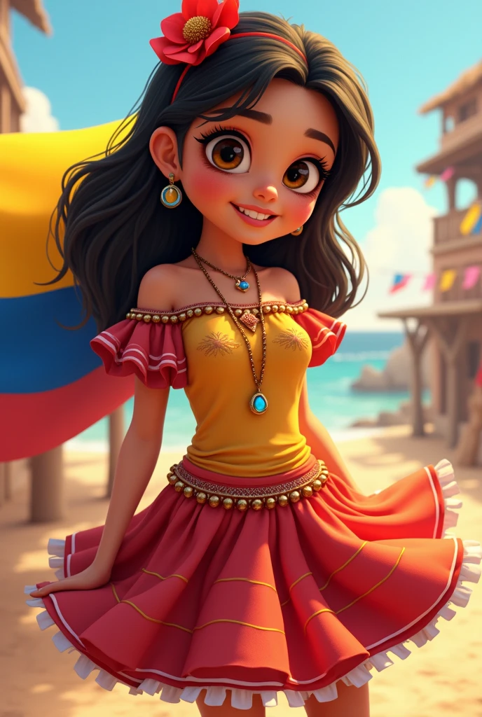 Animated girl with Colombian flag and wearing a cumbia dress