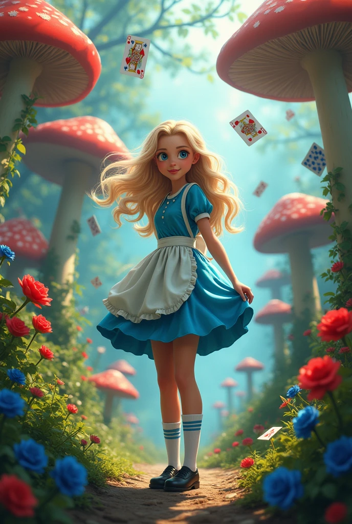A movie poster,  com uma  de cabelos loiros e olhos blue, wearing a blue dress and a white apron, striped socks and black shoes, in a forest with giant mushrooms and red flowers, blue, roses and etc..
Also several playing cards falling from above