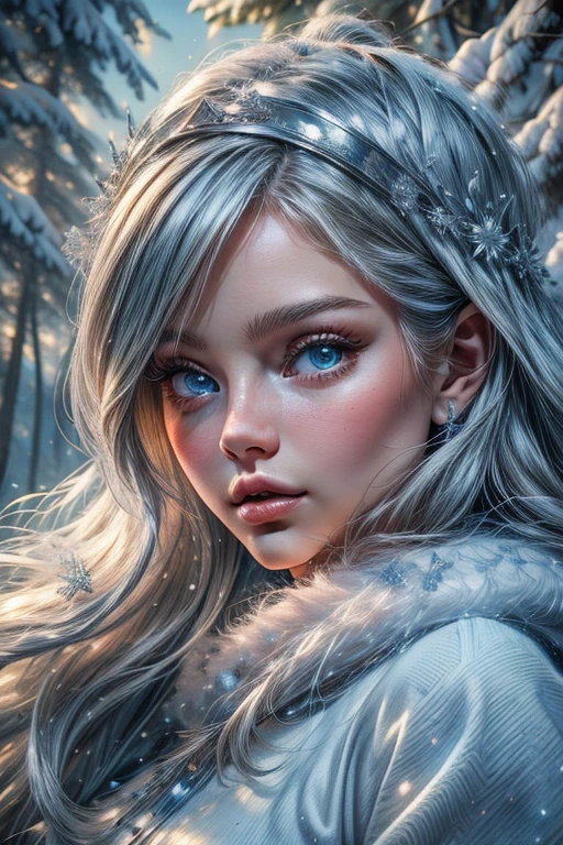 Portrait, high quality, fairy winter snow in the forest through the trees About 20 years old, blue eyes, smooth skin, ((Best quality, 8k, Masterpiece :1.3)), 1girl, Pretty woman, Casual outfit :1.2, in the forest, Ultra-detailed face, Detailed eyes, Double eyelid