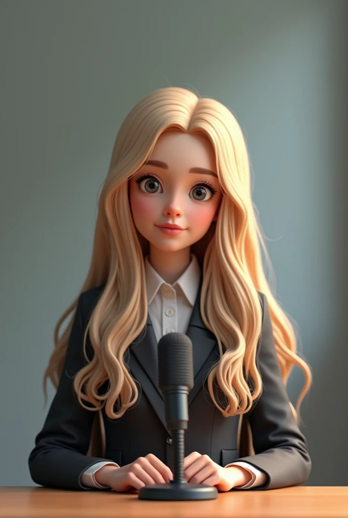 A blonde girl is doing an interview, there is a desk in front of her, a microphone in front of her