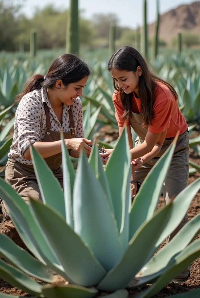 A Mexican mother and teenage daughter cutting a giant agave