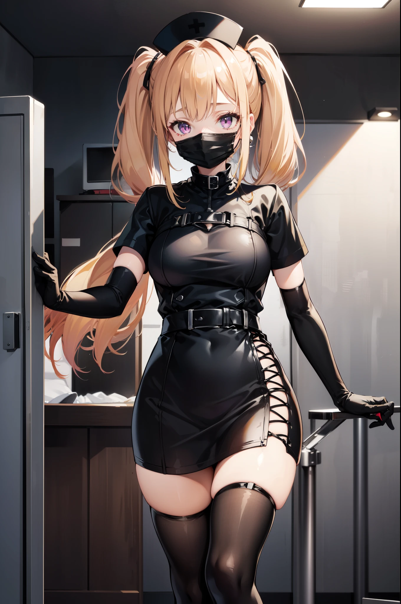 black nurse, 1girl, solo, black nurse cap, black nurse uniform, ((black legwear, zettai ryouiki)), black elbow gloves, twintails, yellow hair, purple eyes, ((black surgical mask, covered nose)), standing, ((surgery room)), sharp outline, short sleeves, best quality, masterpiece