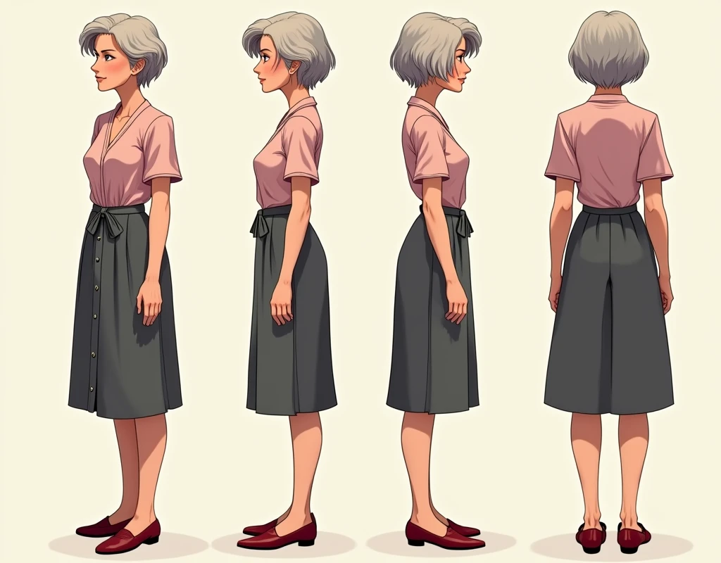 reference image, character design model sheet, multiple views, full body, 55 years old female, comely, side view, front view, profile view, frontal view, hyperrealism, photorealistic visual novel character, main love interest from the much younger male lead, retro, fantasy setting