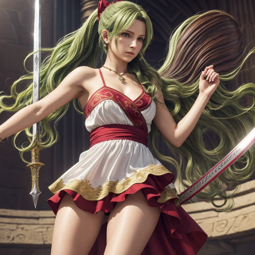 (8k, RAW photo, highest quality, masterpiece: 1.2), (realistic, photorealistic: 1.4), (high-detailed 8k wallpaper), sharp focus, professional lighting, depth of field, cinematic lighting , blurred background, bokeh, one BREAK girl, (green wavy hair, finely curled hair to the ends, high ponytail: 1.4), red and gold decorative barrettes, long pink ribbon Hair ornament, bangs that fall on the forehead, large blue eyes, long eyelashes, small build, sharp nose, small and slightly open mouth, white skin color, round facial features, (red, bare top tube short dress: 1.4), dress golden embroidery Allover print, purple sash tied around the waist, large ribbon tied to the sash, fabric hanging from a fringed sash, and a decorative gold clasp placed on the front of the dress. There is a small lilac decoration on the chest, the hem of the dress is asymmetrical, short on one side and slightly longer on the other, white tights that hug the legs, ankle-length red boots, the ends and soles of the boots is gold. The small straps of his boots, the lilac cuffs, and the thin, curved sword he holds in his left hand, the blade of the sword is sharply curved and silver, and the hilt of the sword is decorated with an intricate design of red and gold. . There is a small purple jewel embedded in the hilt of the sword, and he holds the sword firmly with one foot in front of him, his expression slightly bent forward as he cautiously stares at the enemy, and the sword is slung over his shoulder. (Final Fantasy 6, Tina Branford: 1.4)