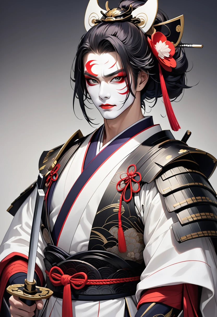 (masterpiece, best quality, high resolution), (detailed skin, detailed face),
male samurai in geisha costume with white face makeup and magnificent sword