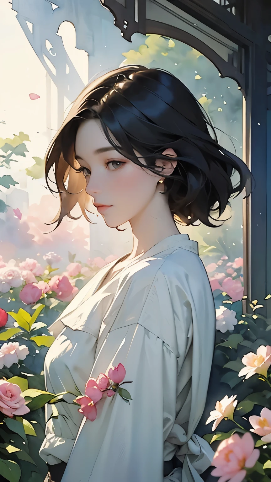 ((Sargent-style watercolor))、(Highest quality、masterpiece)、Soft Light、Indoor Botanical Garden、dome、(Lots of flowers)、Garden with fluttering petals、
