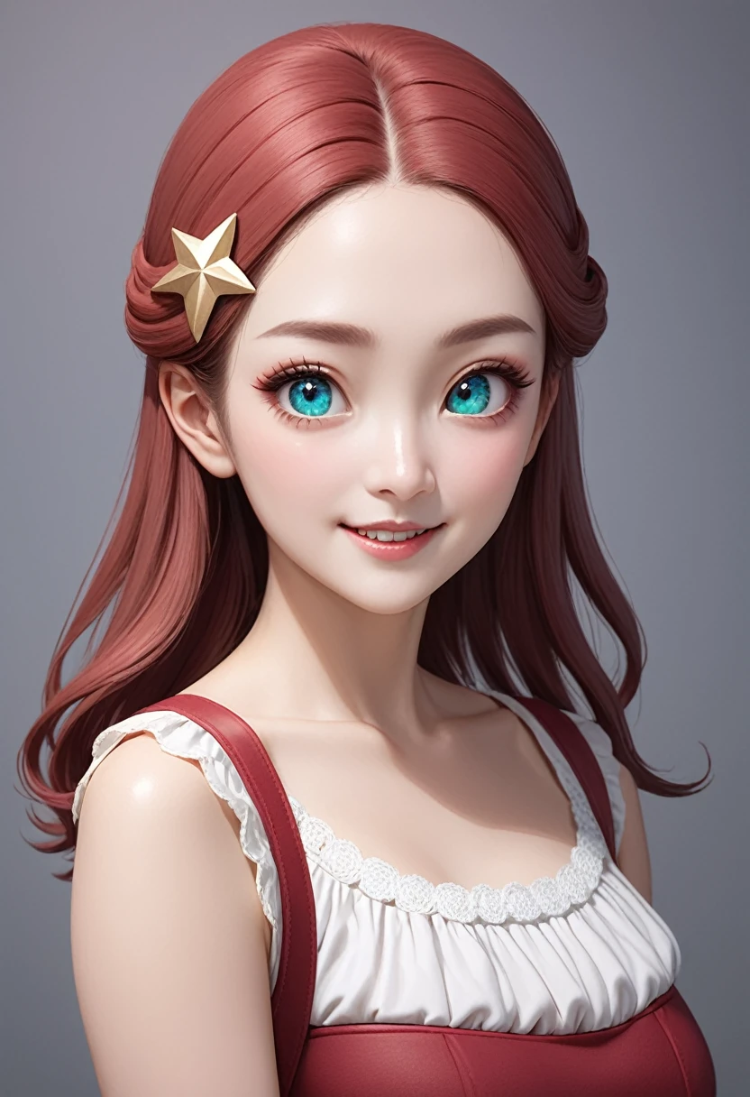 A woman with medium-long, reddish-pink hair。Blue eyes、have big eyes。Her outfit is a white blouse and a red vest.、short green skirt。She is wearing two star-shaped hairpins。The face is smiling。Style『The Quintessential Quintuplets』A realistic art style similar to