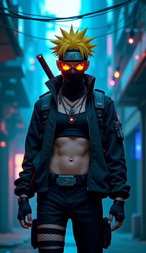 A photographic style of Naruto uzumaki in graffitipunk setting, standing frontally in the center. He has yellow hair and a high-tech mask with orange neon lights. His attire includes a black cropped top with neon blue highlights, a black jacket with straps, fishnet details on the waist, and black pants with protective gear. A katana is slung across her back. The urban background is illuminated with blue-tinted light, featuring vertical structures and hanging wires, with small glowing lights floating around. Created Using: cyberpunk aesthetics, high-resolution camera, intricate detailing, neon lighting, urban textures, high contrast, dystopian vibe, soft shadows, hd quality, vivid style