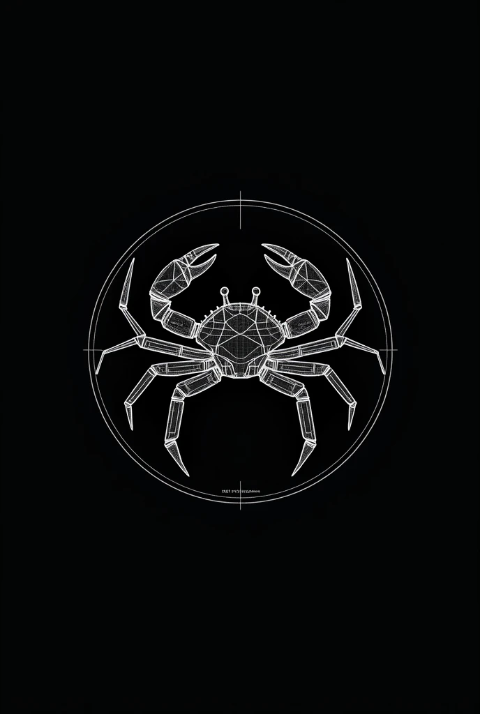 A picture of cancer crab 1. **Geometric base**: Start with basic geometric shapes like circles and squares to structure the overall design of the crab.
2. **Crab silhouette**: Draw the silhouette of the crab using curved and straight lines.. Use triangles and curved lines to form the tweezers, and straight lines for the legs.
3. **Details**: For the finer details like leg joints and antennae, use small straight and curved lines. You can add small circles to represent joints or joints..
4. **Contour effect**: Keep the design simple and in white lines on a dark background, with the main geometric lines forming the outline of the crab.
5. **Final Touches**: Add a geometric frame like a circle or square to unify the design and give it a technical or blueprint look..