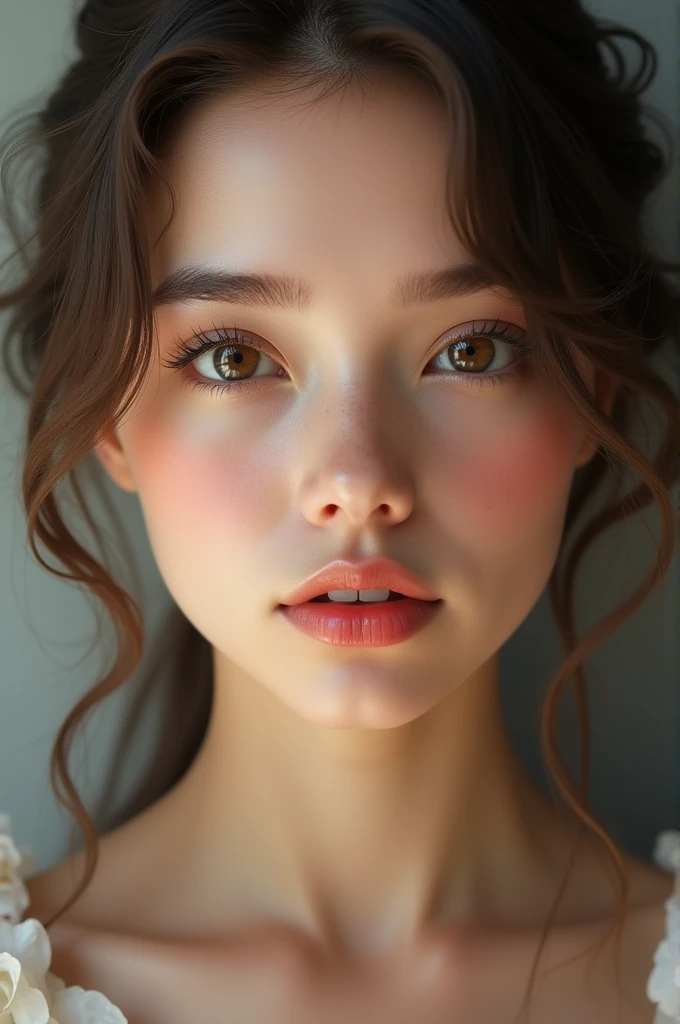 young female,brune,Brown eyes,beautiful lips,face not too big,