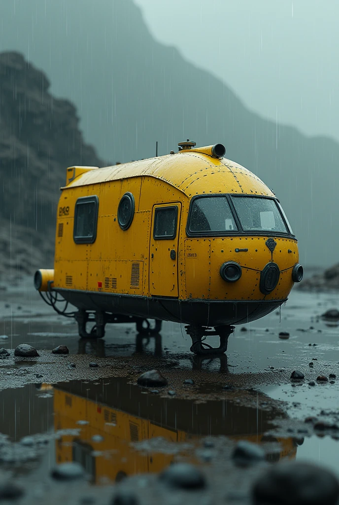 A small yellow spaceship landed on a planet,The size of a bus,Small box-shaped spaceship,The small spaceship gets soaked in the downpour,It&#39;s dark all around,The surface of the spacecraft is riveted,There is writing on it,The windows are small and round.,Landing gear,