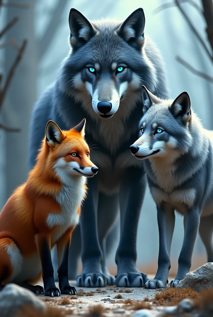A large fox next to a large she-wolf with piercing blue eyes and next to them a gray she-wolf with piercing blue eyes.