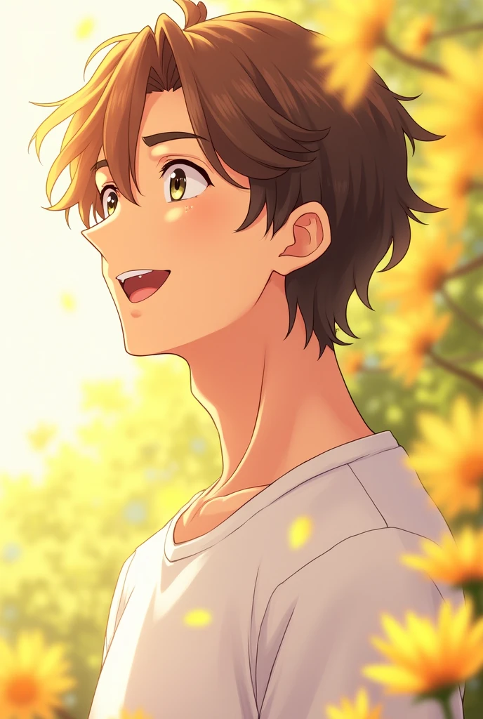 An anime guy with wavy brown hairs sunshine type style he wears white shirt his hairs are mid he is smiling he have adams apple only show his side profile of face