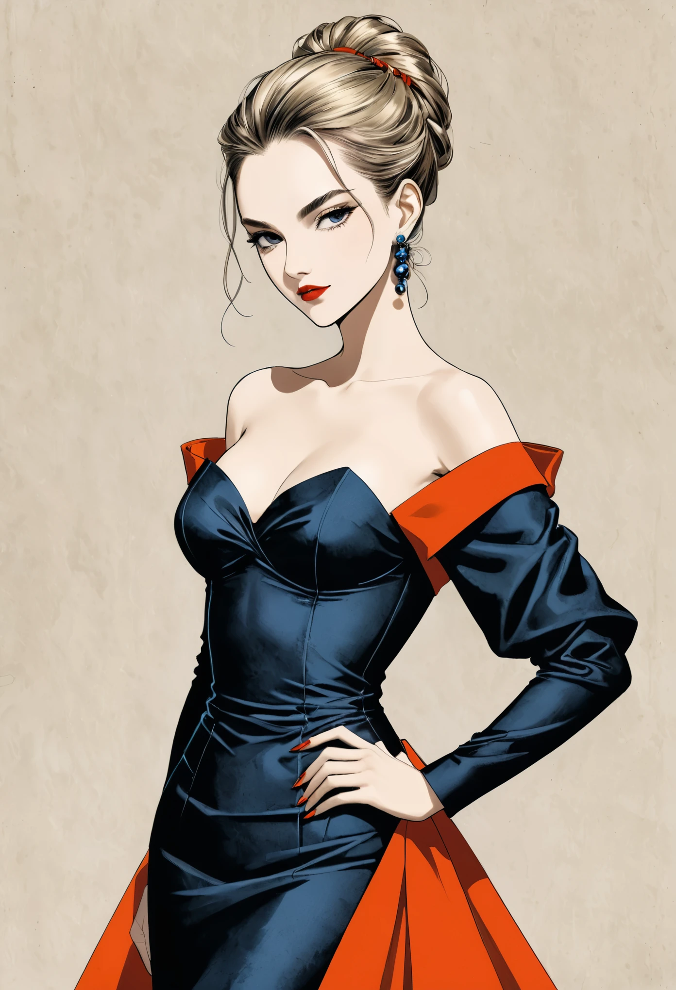 in style of Santiago Caruso,in style of Hans Hartung,in style of Carolina Herrera
1 girl,character concept design,(gravure_pose:1.3),noble,elegant bottom ,absurdres,{cowboy_shot:1.5},parcel shoulder micro top,Lively dynamic color matching,