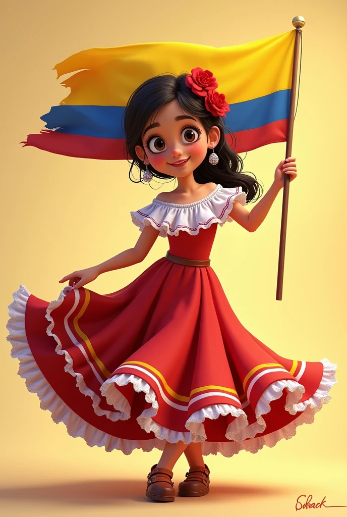 Animated girl with Colombian flag and wearing a cumbia dress 
