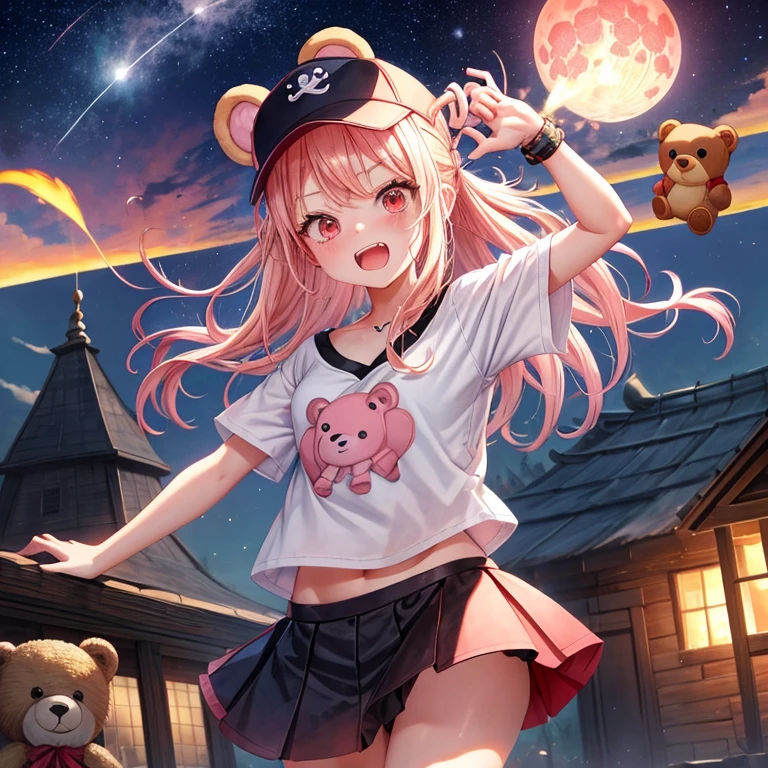 Pink Blonde、Red eyes、Hair tied up、One cute girl、solo、And soul、Checked mini skirt、black t-shirts、one piece、bear ears baseball cap、large tree、Thundercloud、Burning Full Moon、desert、Iron ore piles up、Teeth are visible、Fortress City、Tilting face、Starry Sky、firework、A teddy bear is jumping